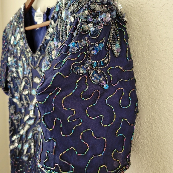 VINTAGE Beaded Sequin Royal Blue Dress - Picture 5 of 8